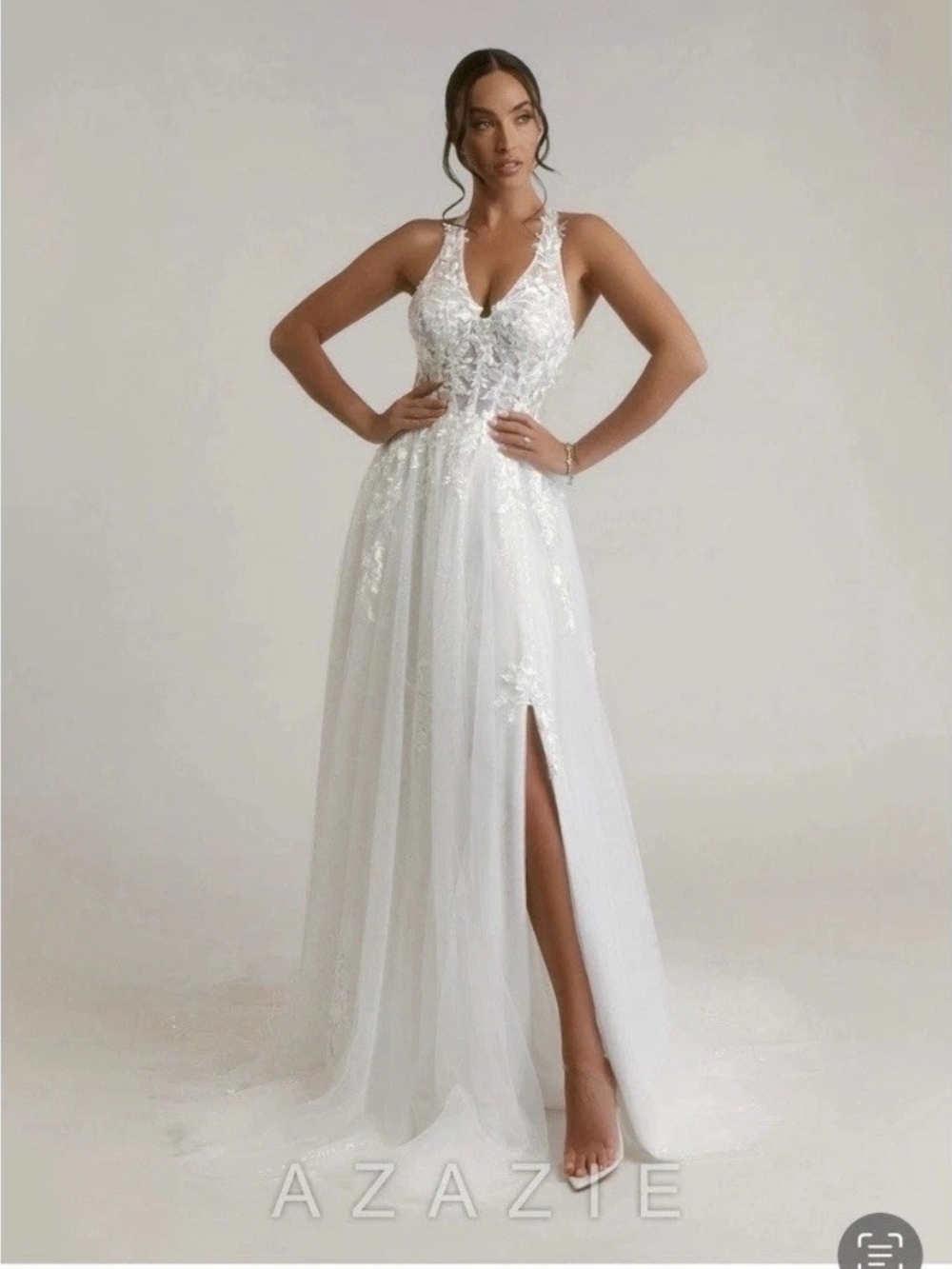 Azazie Dysis White Lace Applique V-Neck Evening Dress with Side Slit size 12 nwt
